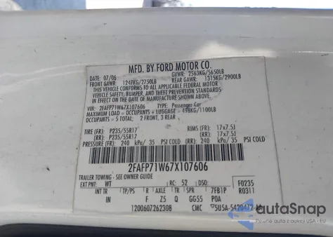 2007 Ford Crown Victoria Police/Police Interceptor из США, поврежденный, VIN 2FAFP71W67X107606